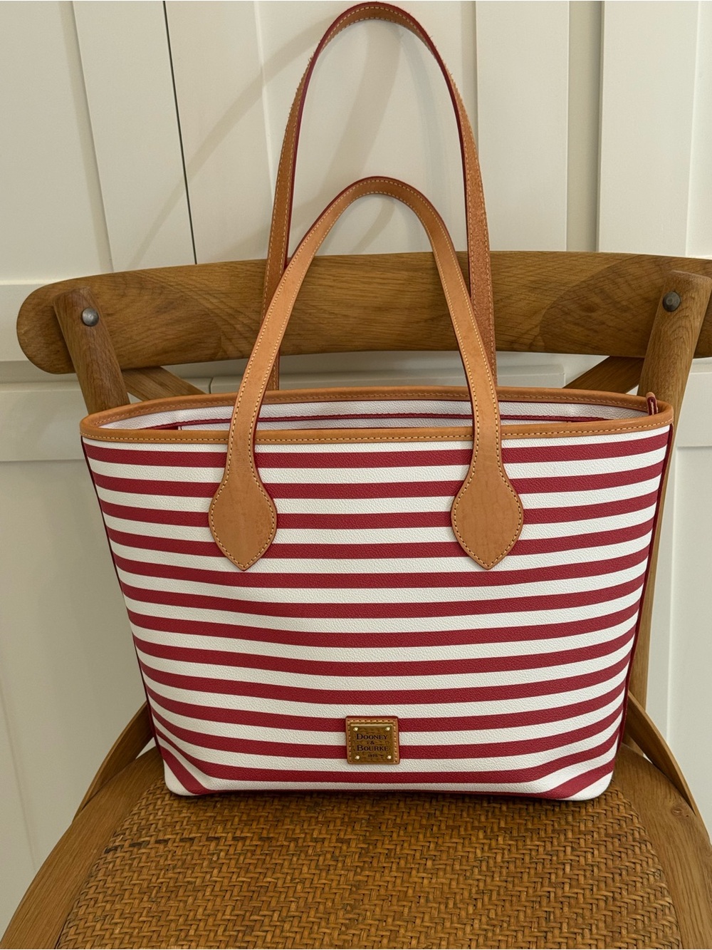 Dooney & Bourke Red and White Striped Tote with Tan Leather Trim